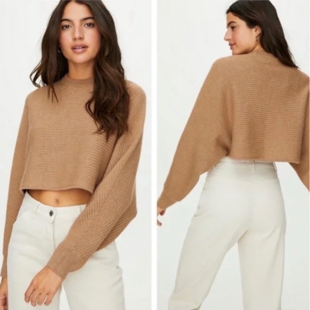 Aritzia Wilfred Free Lolan Constant Camel Cropped Merino Wool Knit Sweater